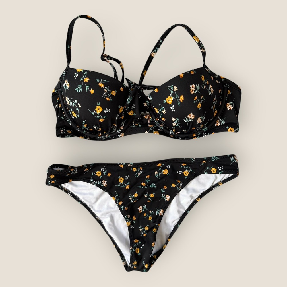 Shade & Shore Black Yellow Floral Underwire Bikini Set size 34C/ small